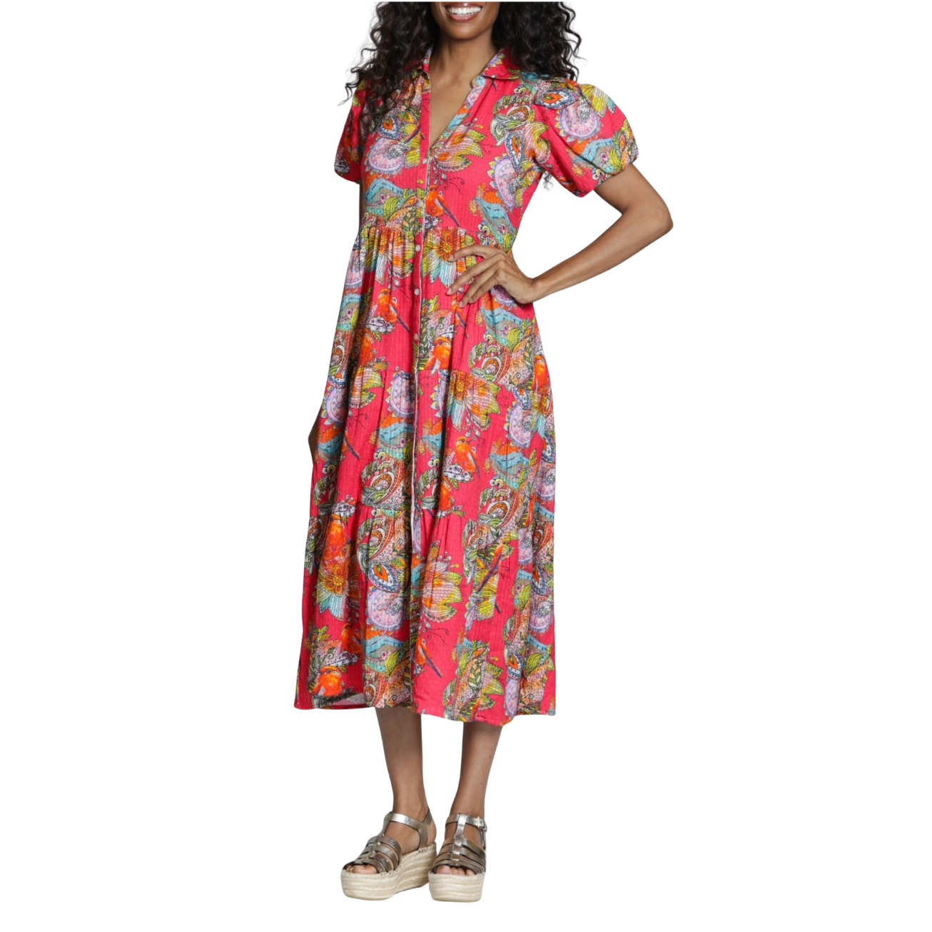 APNY Tiered Puff Sleeve Shirt Dress -Fuchsia Boho Paisley