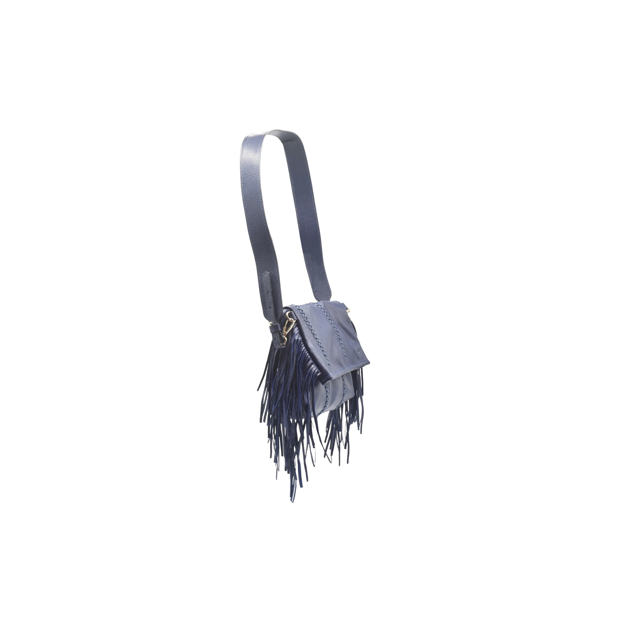 Carlos Falchi Mini Fringe Crossbody Messenger Bag -Navy Top Grain Leather