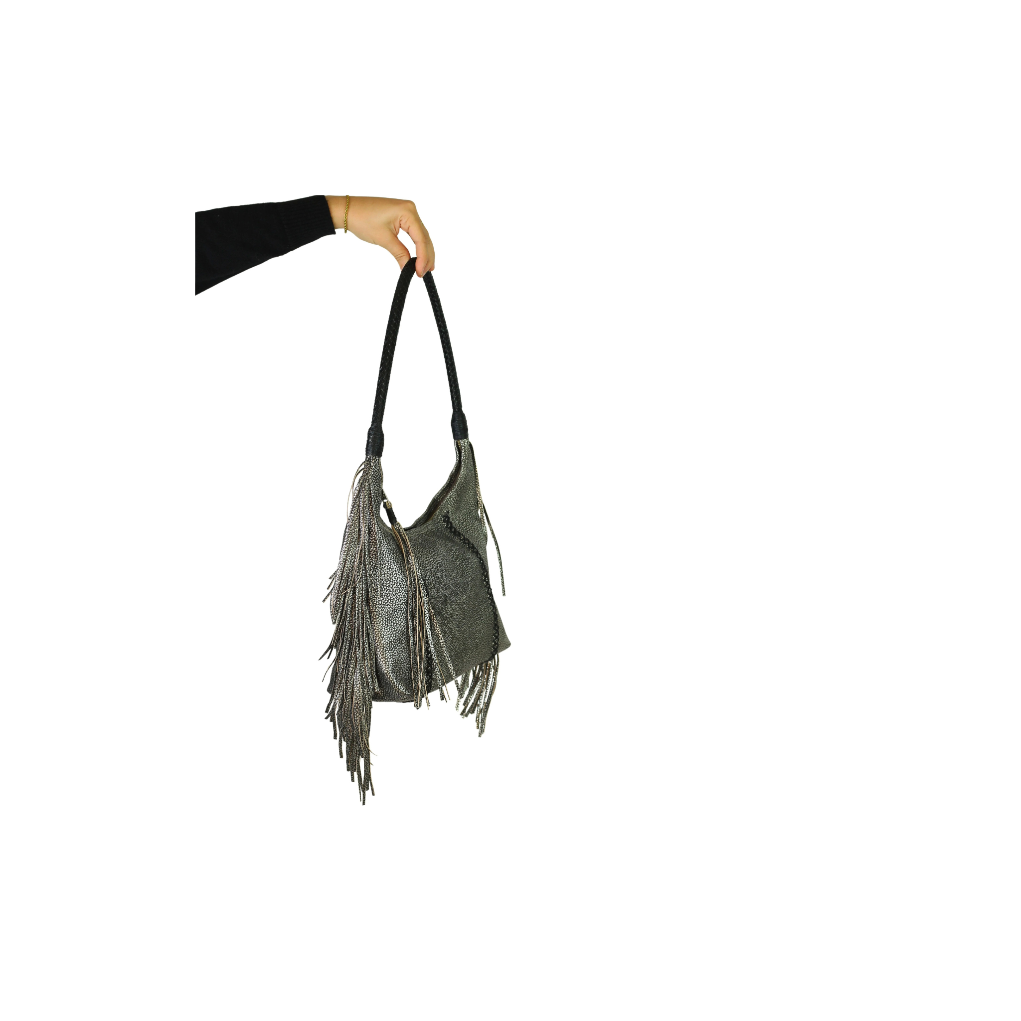Carlos Falchi Fringe Hobo Bag -Roman Chrome Top Grain Leather