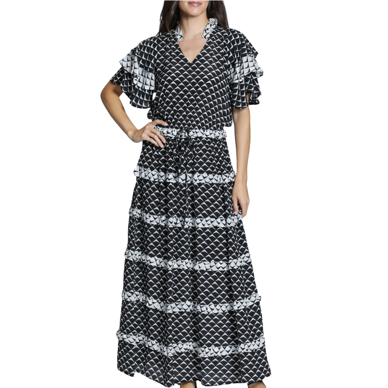 APNY Ruffle & Tiered Maxi Dress -Black/White