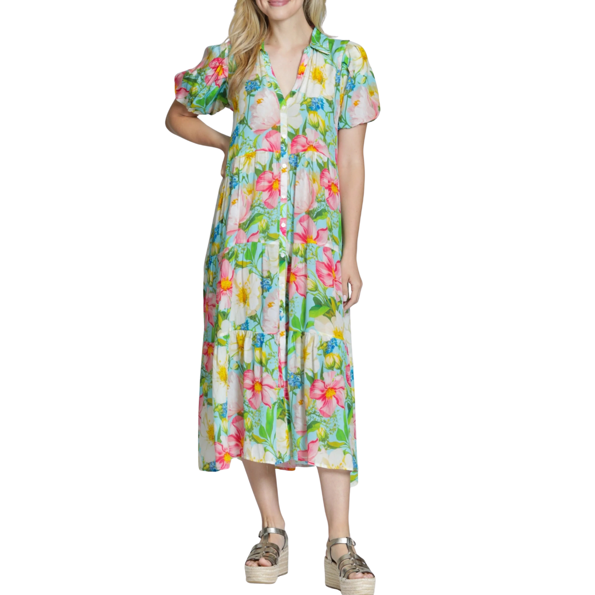 APNY Tiered Puff Sleeve Shirt Dress-Delicate Wildflower