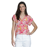 APNY Printed Wrap Blouse with Tabbed Cuffs-Pink Safari