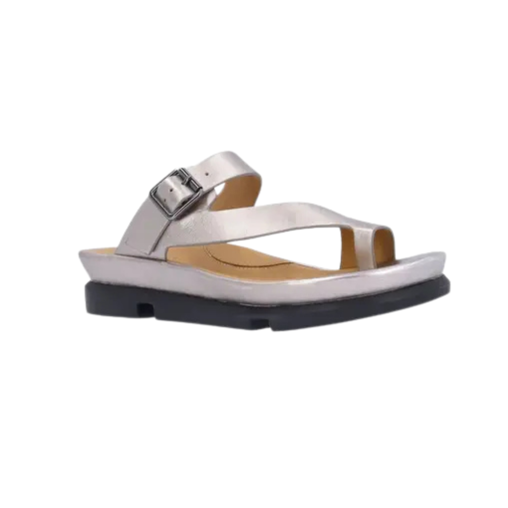 L'Amour Des Pieds Alanza Leather Slip on Sandal -Champagne Met/ Nappa