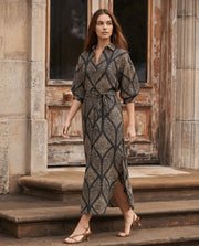 APNY Belted Maxi Dress with Puff Sleeve-Onyx & Desert Sand