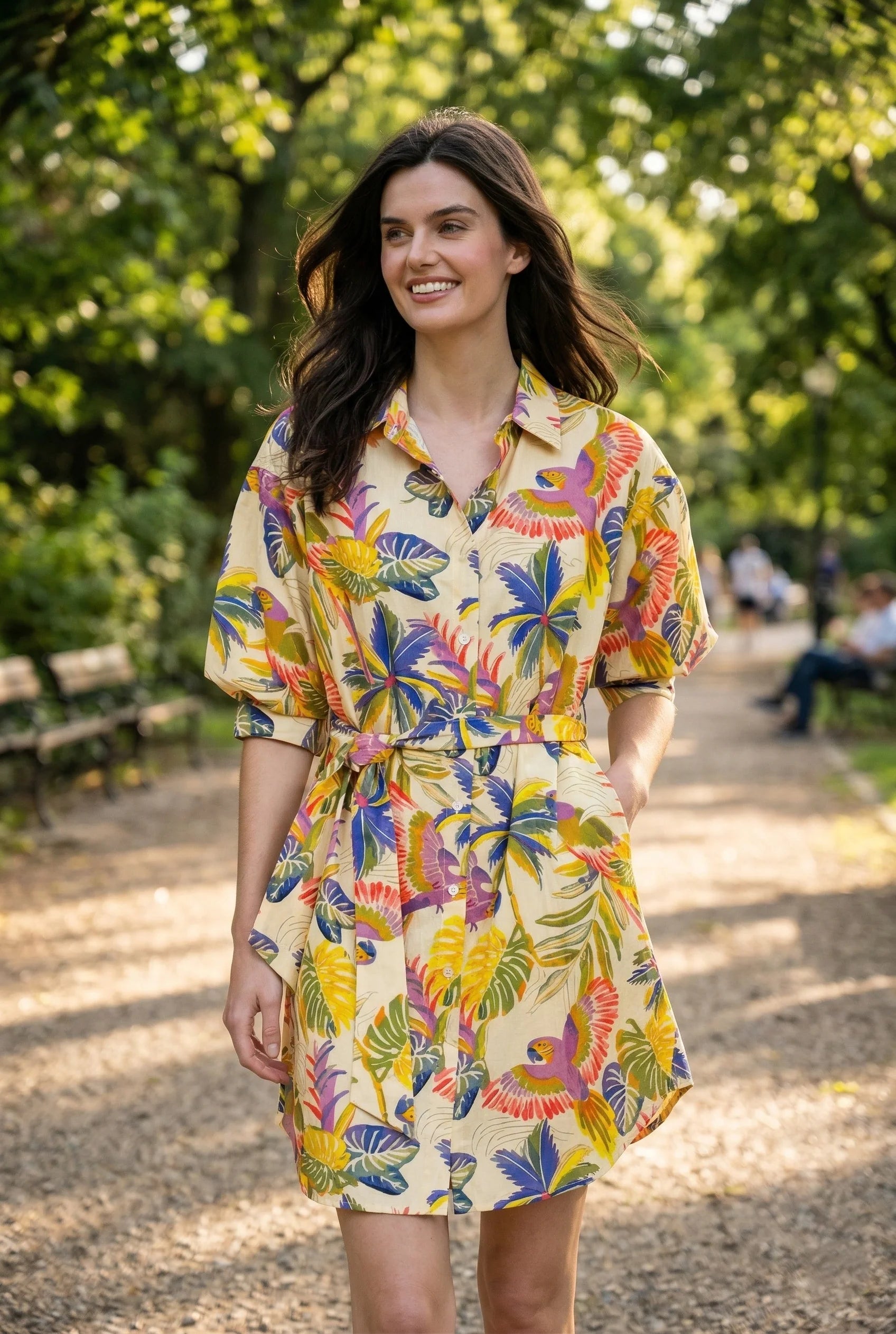 APNY Belted Dress w/ Puff Sleeves -Blue/Olive Multi