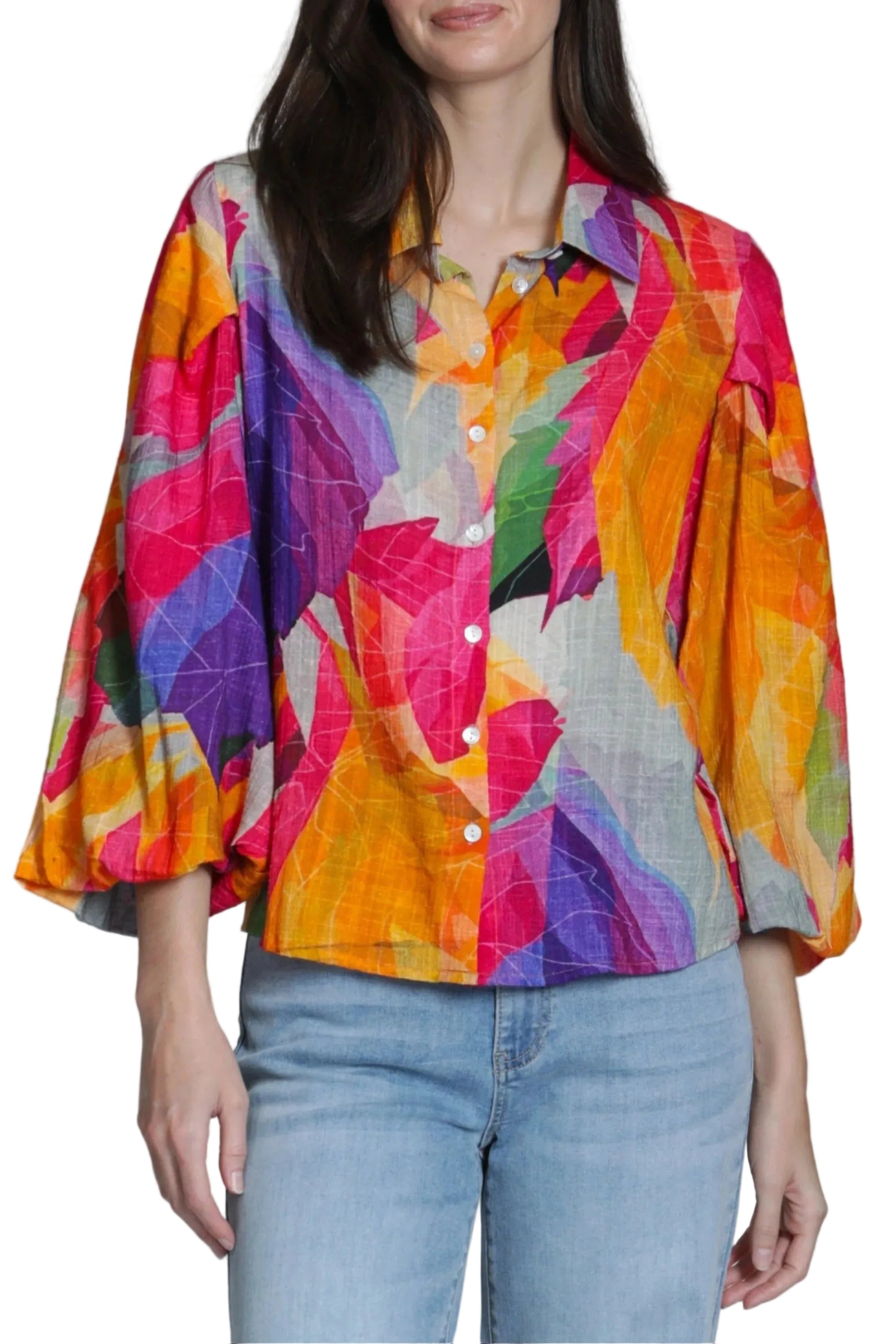 APNY Blouson Front Button Shirt -Yellow/Pink Multi