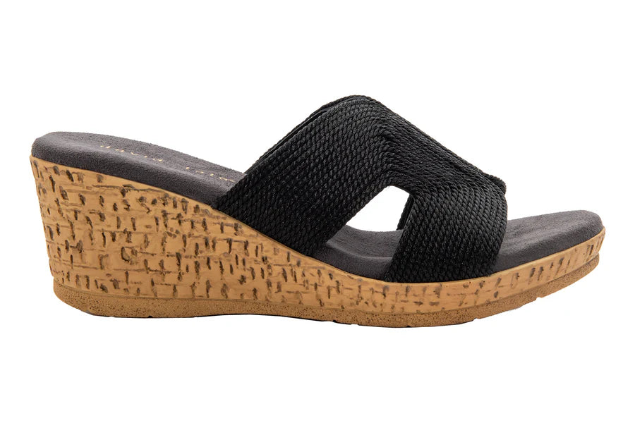 David Tate Vibe Wedge Slide Sandal -Black Rayon Fabric