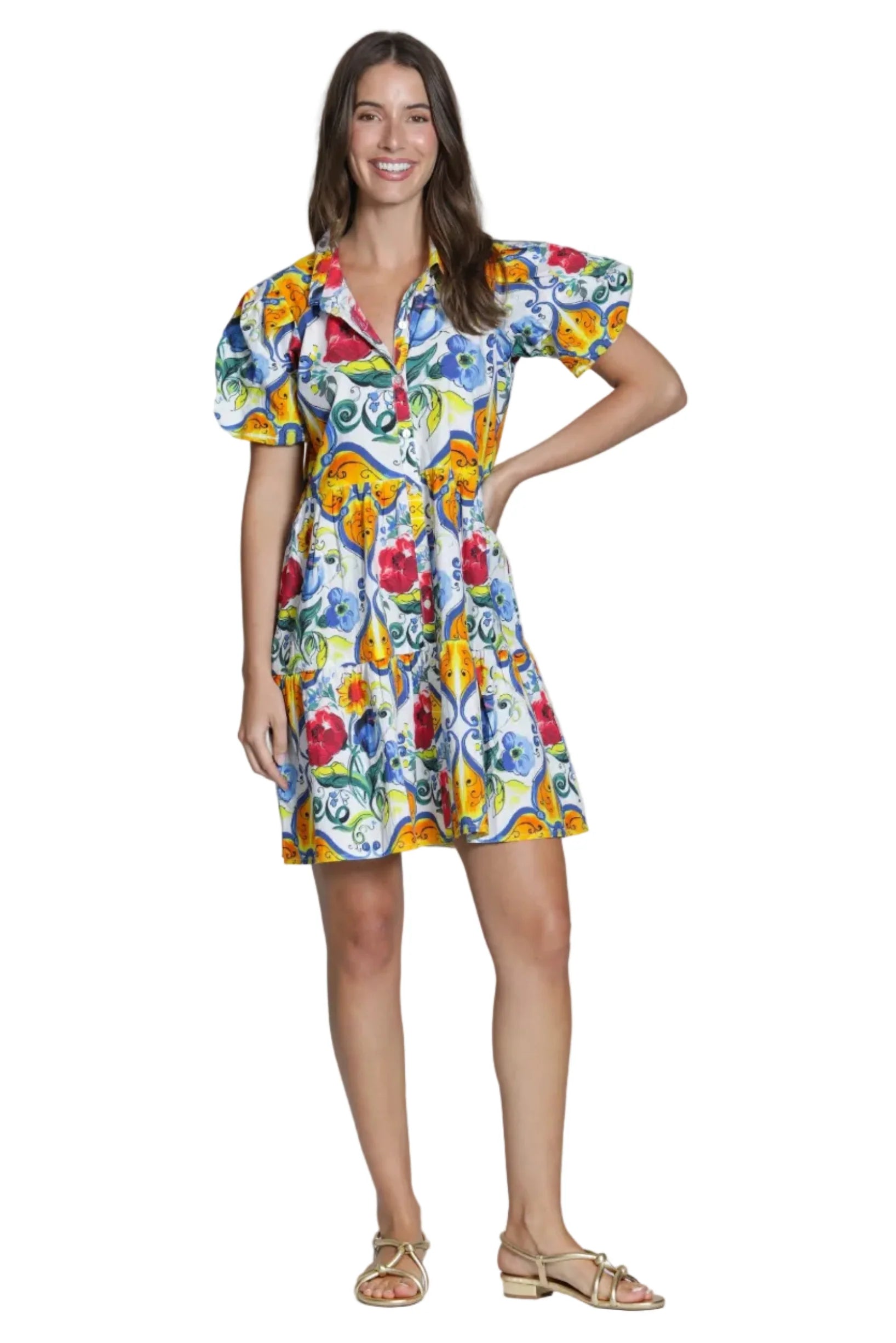 APNY Flounce Puff Sleeve Shirt Dress -Blue Multi