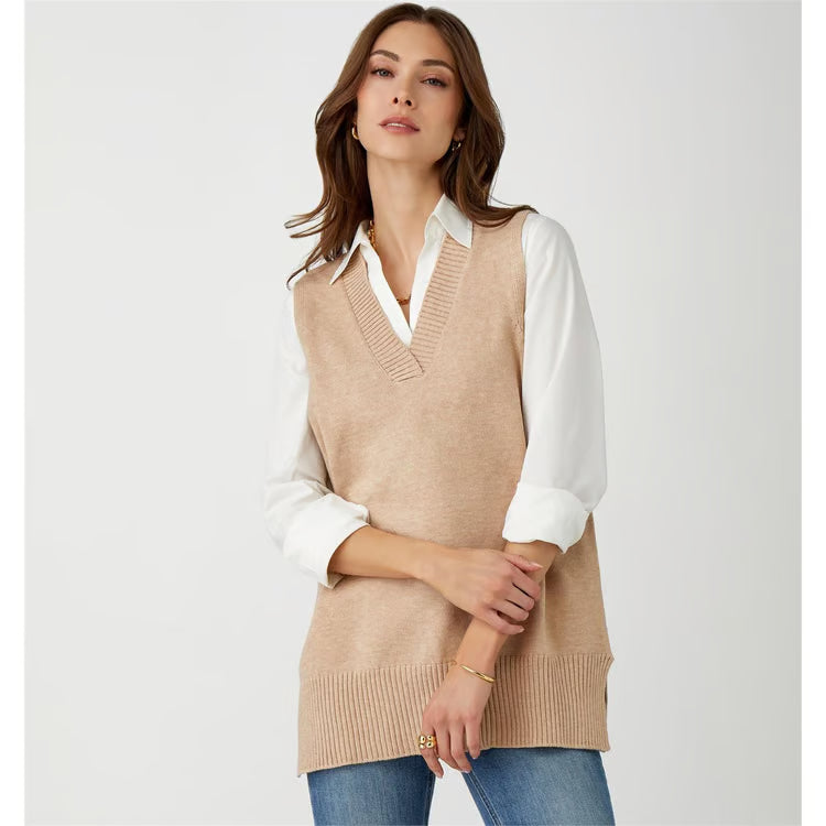 Charlie Paige Knit Sweater Vest-Beige Melange