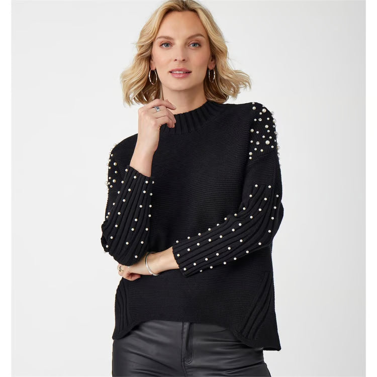 Charlie Paige Knit Pearl Sweater-Black