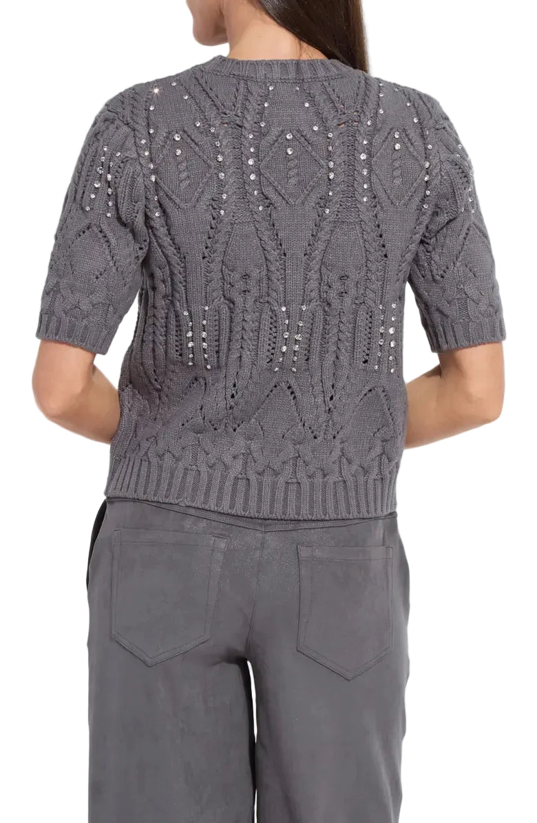 Hadley Crystal Emblessished Short Sleeve Sweater -Grey Melange