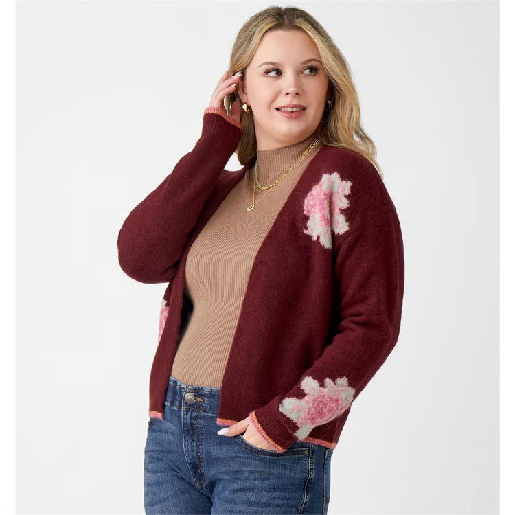 Charlie Paige Knit Jacquard Cardigan-Wine