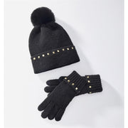 Charlie Paige Knitted Winter Hat & Glove Set w/ Stud Embellishments-Black