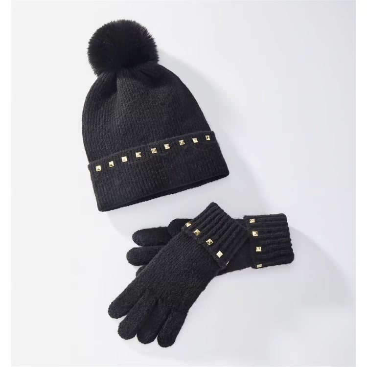 Charlie Paige Knitted Winter Hat & Glove Set w/ Stud Embellishments-Black