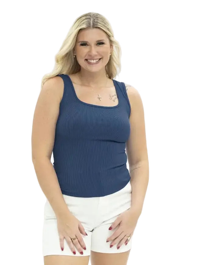Bella Square Neck Rib Knit Tank Top -Navy