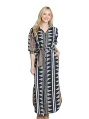 APNY Belted Maxi Dress with Puff Sleeve-Onyx & Ecru