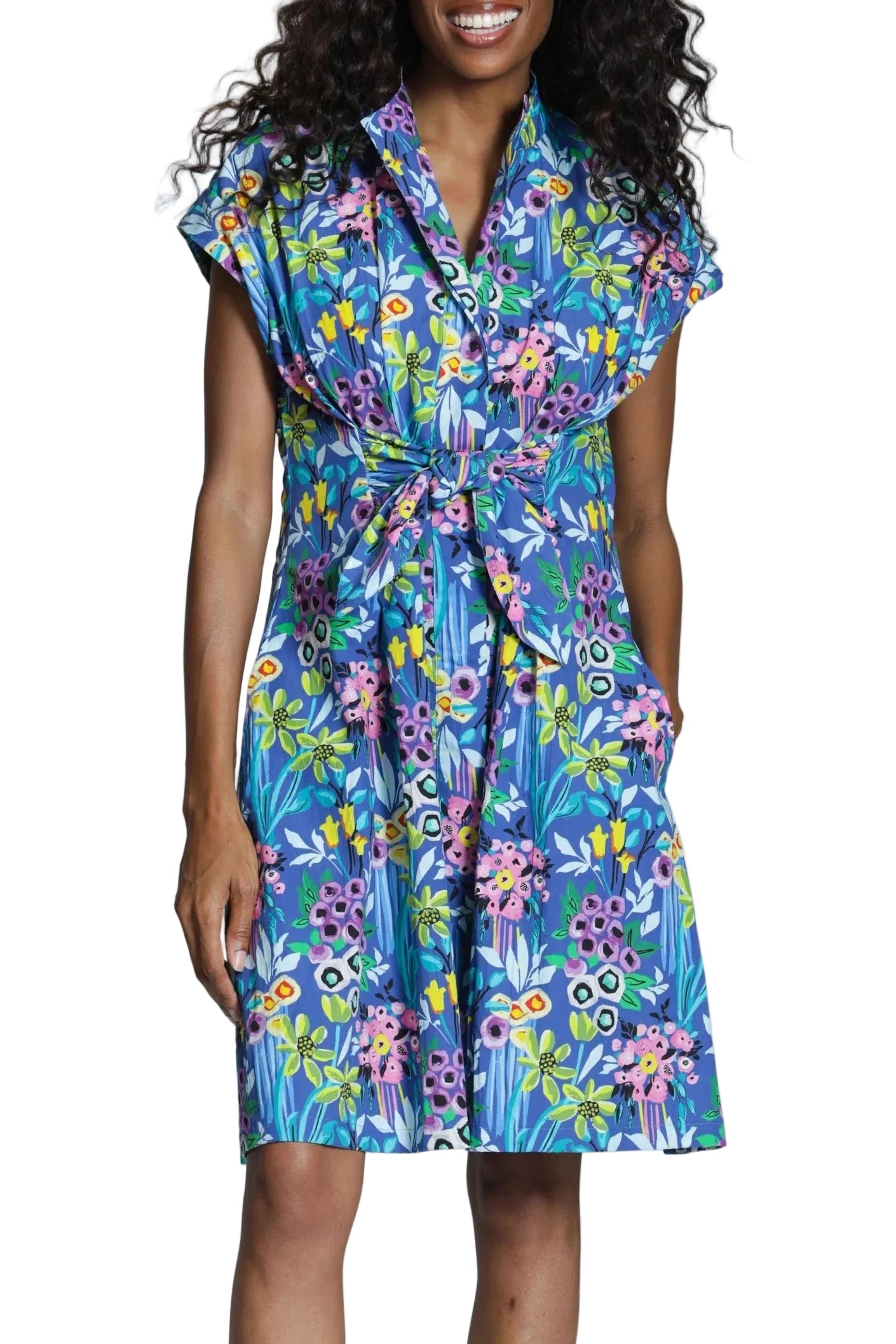 APNY Short Sleeve Shirt Dress w/ Self Tie -Blue Multi