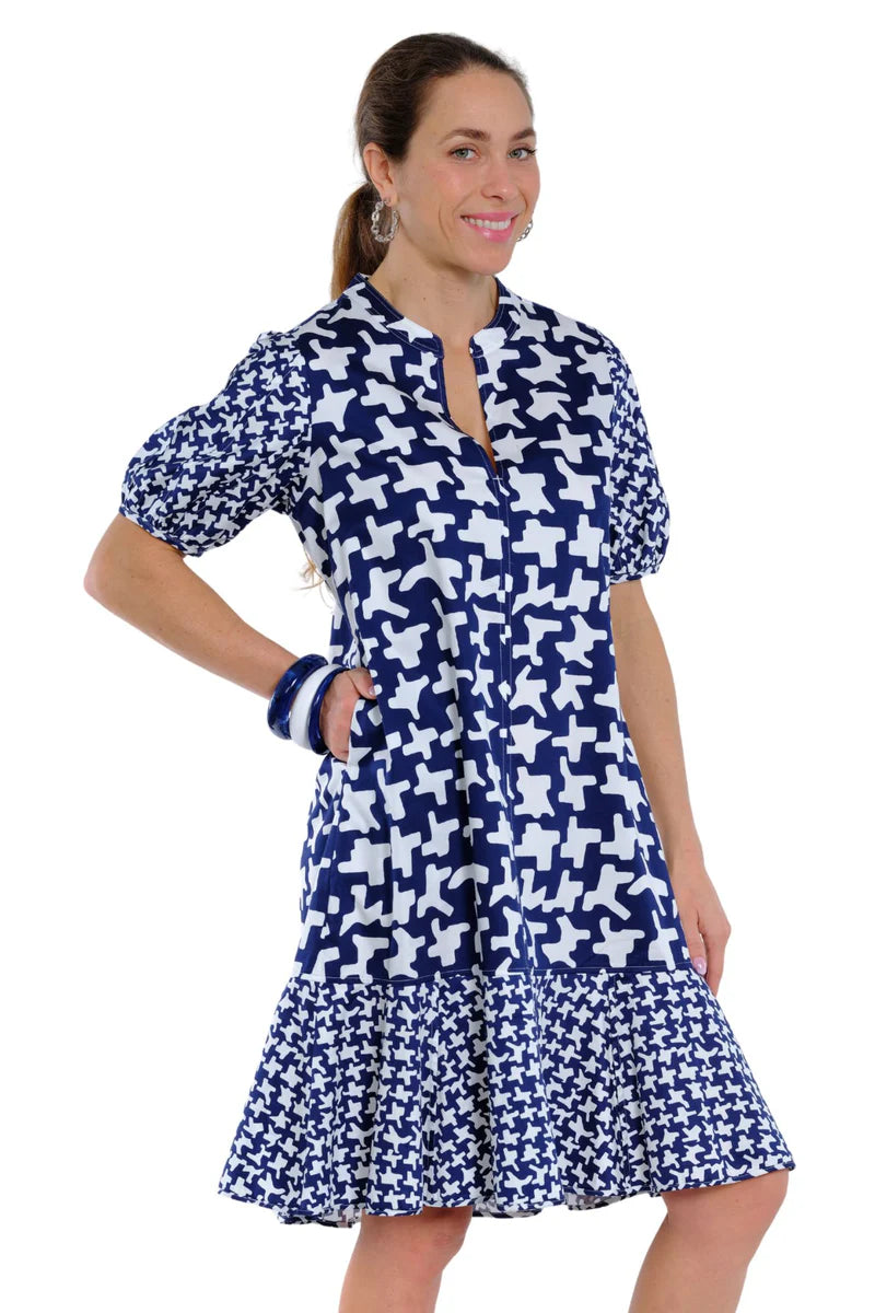 Lior Paris Monica Short Sleeve Dress - Navy/White Houndstooth