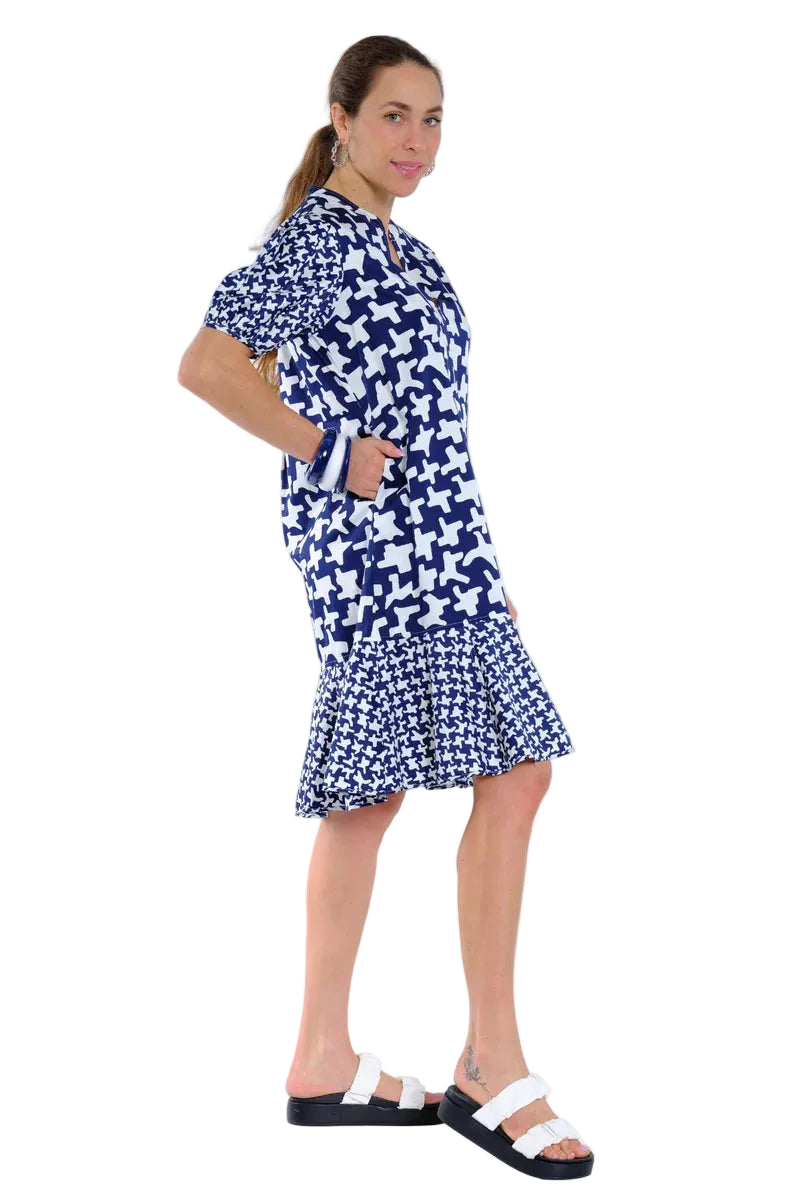 Lior Paris Monica Short Sleeve Dress - Navy/White Houndstooth