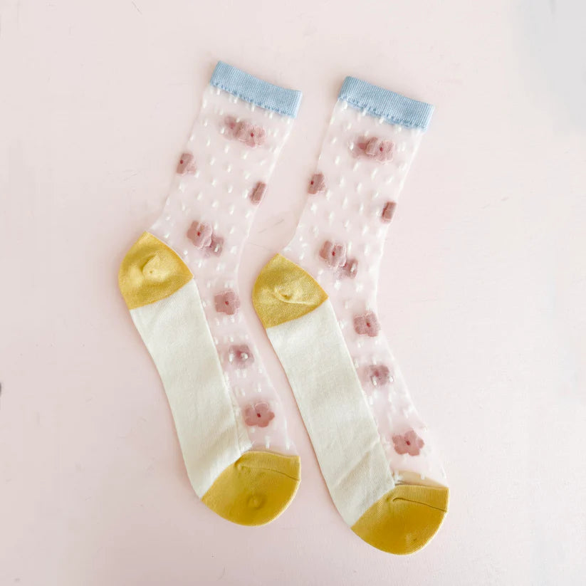 Leo + Lee Sheer Embroidered Pastel Glass Sock-Pink Florals