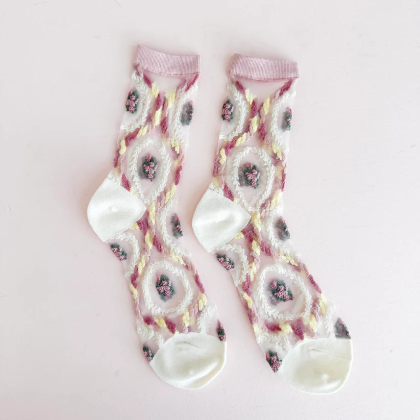 Leo + Lee Sheer Embroidered Pastel Glass Sock-Vintage Motif