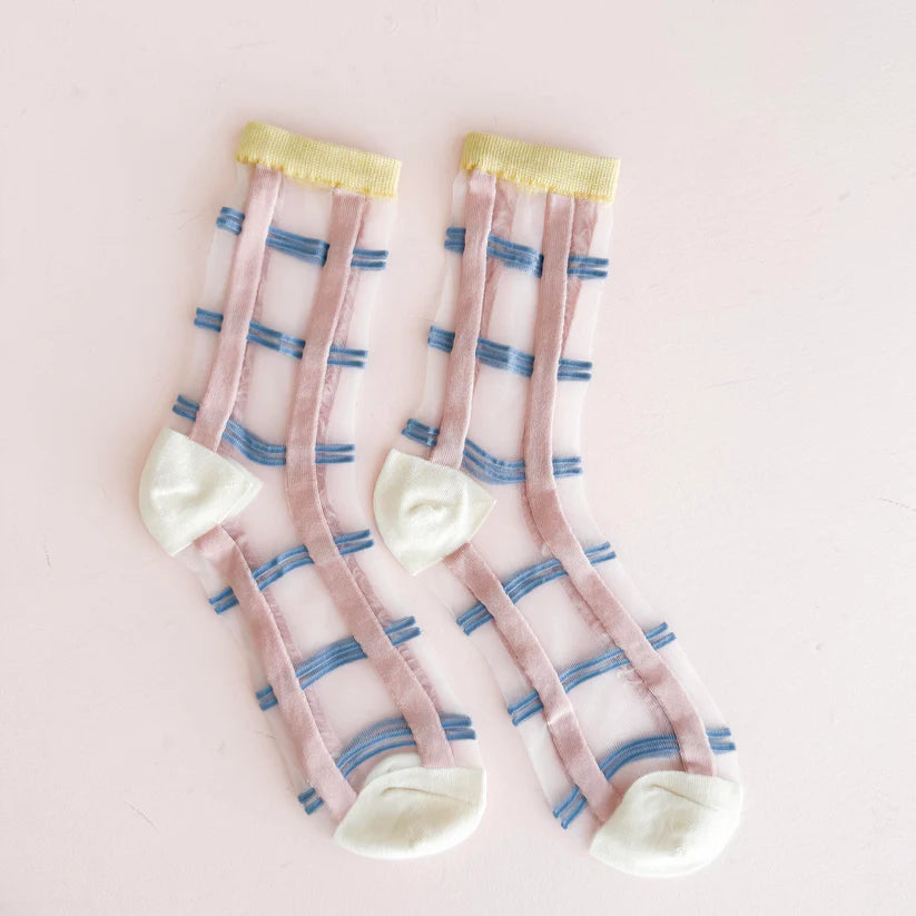Leo + Lee Sheer Embroidered Pastel Glass Sock-Blue Pastel Grid