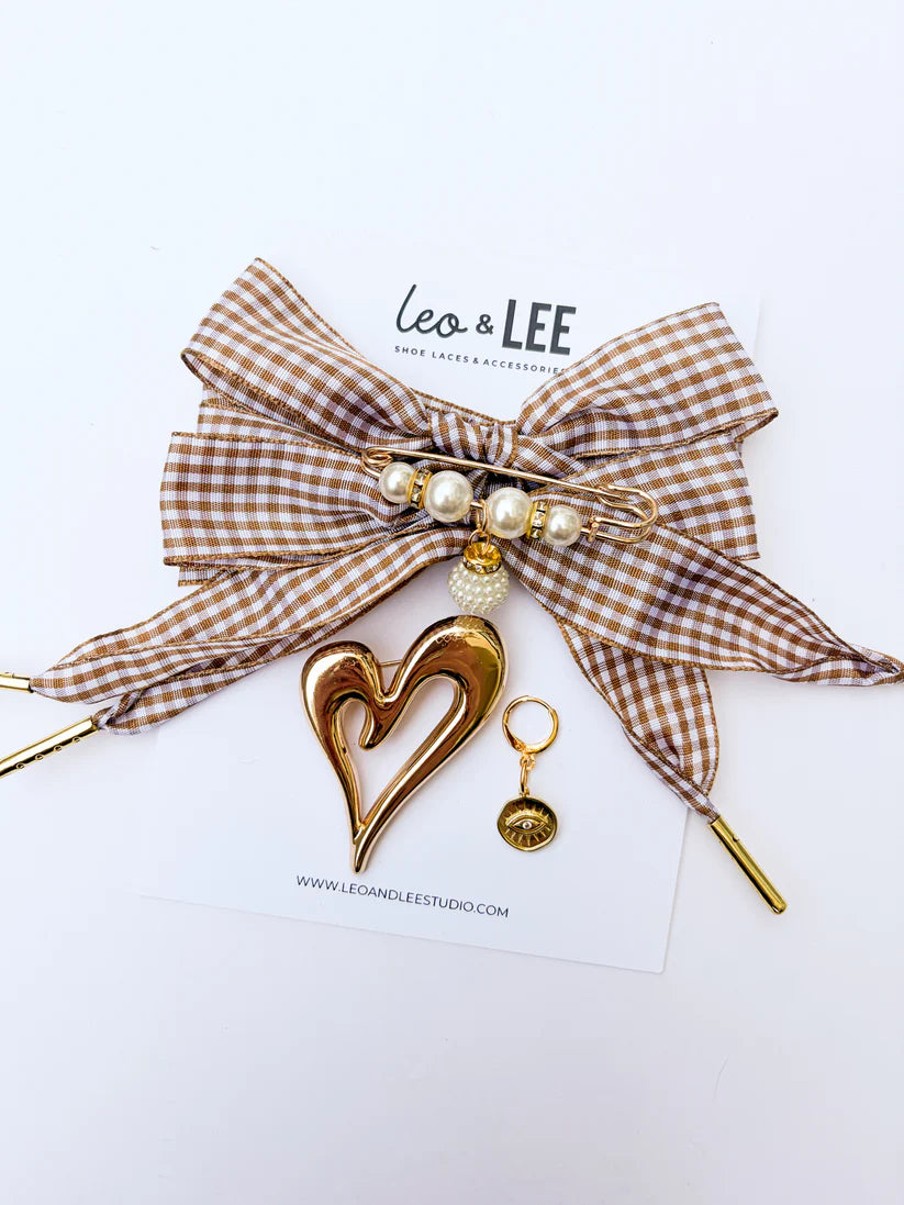 Leo + Lee Beige Gingham Shoelaces & Charm Set (Heart/Evil Eye/Pearl)