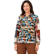 John Mark Woven Mix Print Wired Collar Button Front Roll Tab Long Sleeve Top-Multi
